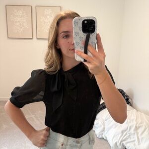 Cable & Gauge Black Tie-Neck Puff Sleeve Blouse